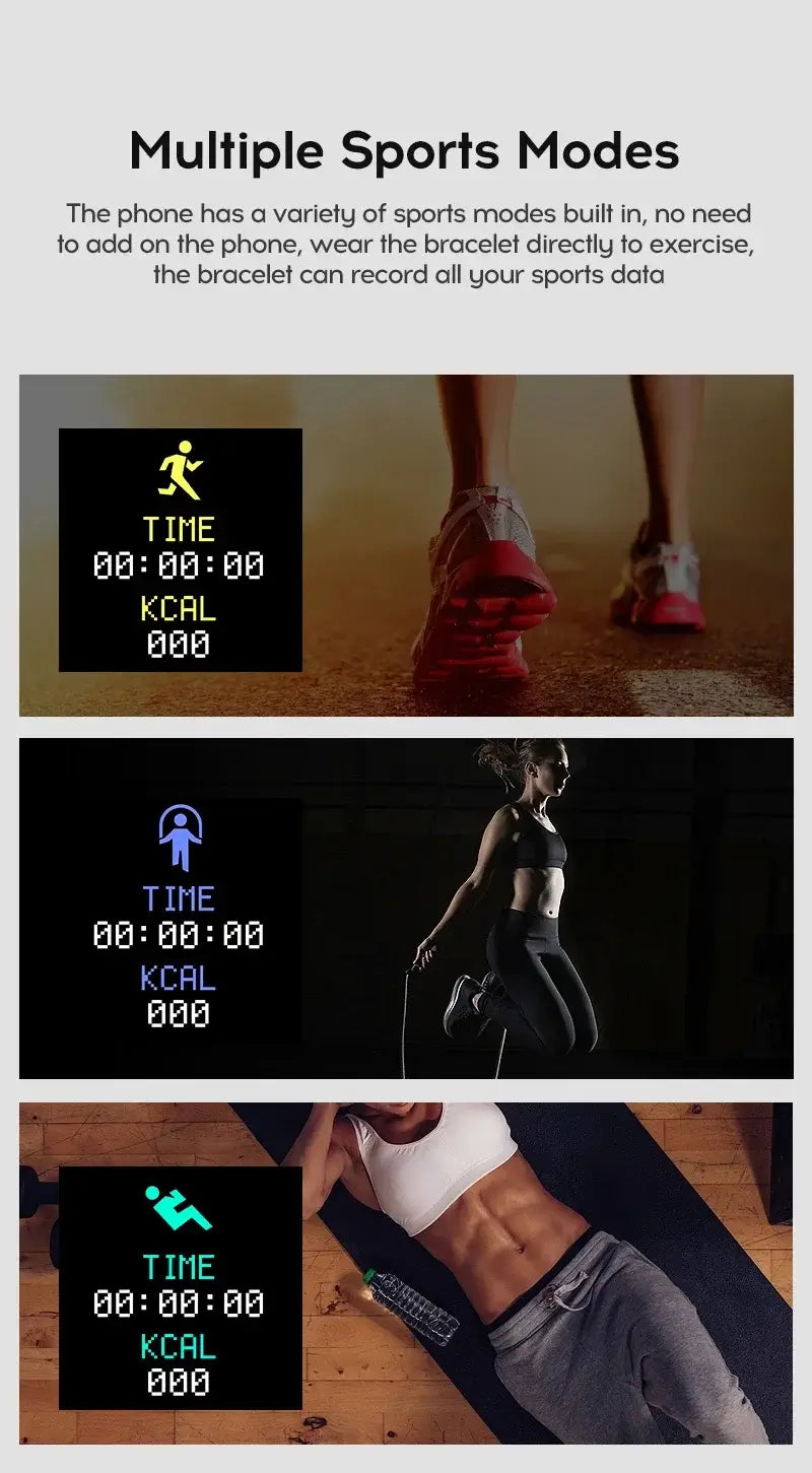Smart fitness watch with heart rate monitor featuring a sleek minimalist design and black screen displaying sports metrics.