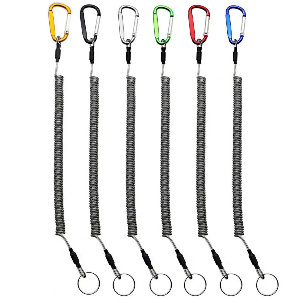 Seis llaveros anti-pérdida retráctiles con muelle enrollado en colores vivos, fabricados en metal, con clips de mosquetón y anillas circulares para una organización segura de las llaves