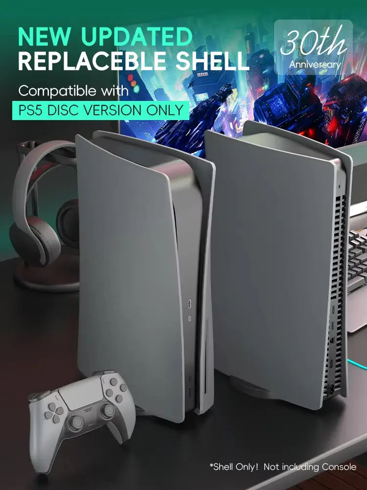 Gray plastic black matte replacement shell for ps5 disc console designed to protect and customize the ps5 disc drive.