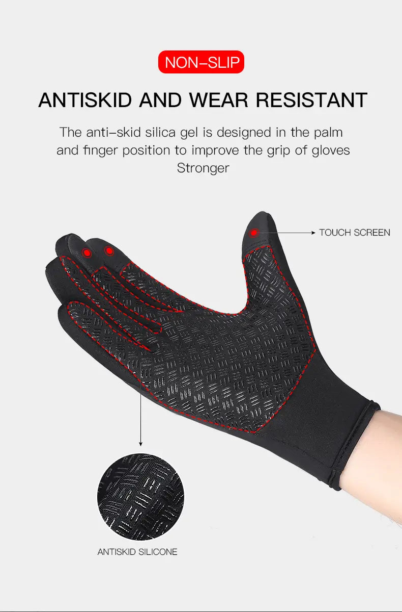 Guantes de ciclismo con pantalla táctil a prueba de viento negros para hombres y mujeres con costuras rojas y palma de silicona antideslizante texturizada.
