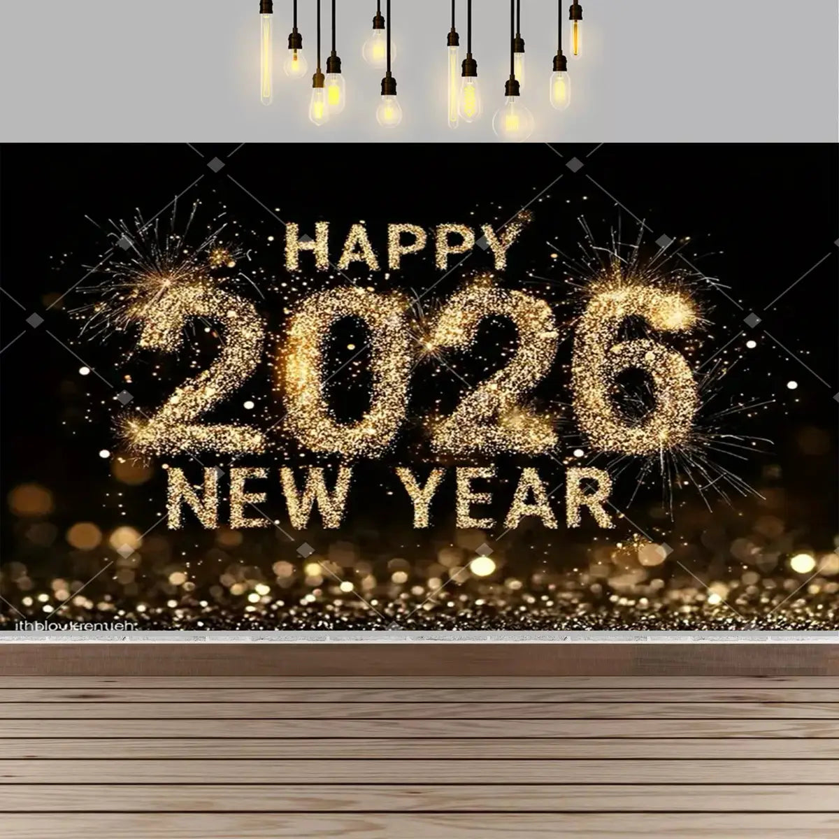 New Year party photography backdrop featuring a golden glittery happy 2026 new year design with sparkling fireworks and clock for festive celebrations.