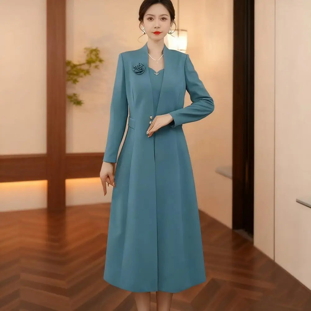 Autumn Winter Womens Suits 2 Piece Set Formal Long Blazers Jacket Long Sleeve A-Line Dress Set for Wedding Party