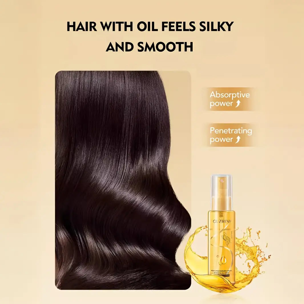 botella de aceite dorado con tapa transparente y diseño elegante, etiquetada qizhini para spray esencial de aceite para el cuidado del cabello con fragancia, 100 ml.