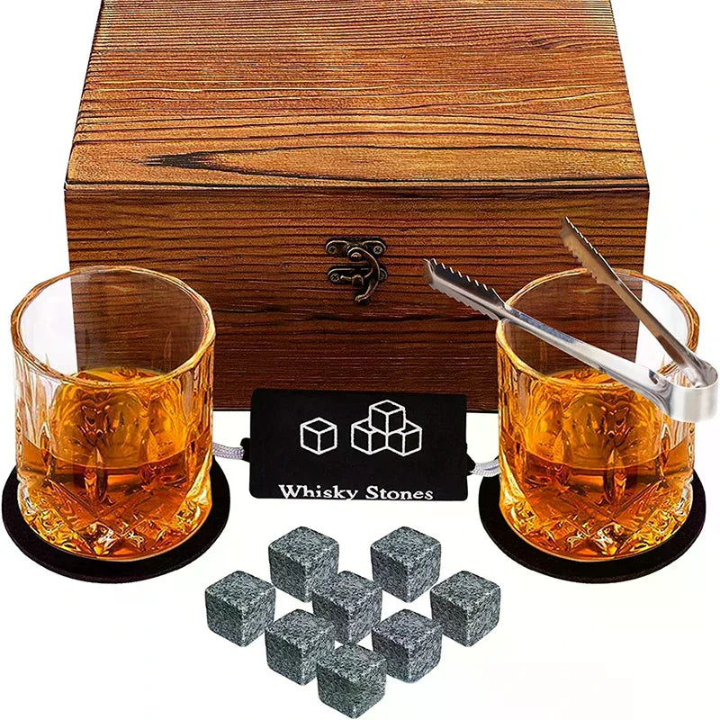 Father'S Day Gift For Men Whiskey Stones Set 8 Pcs Granite Ice Cubes+ 2 Pcs Cups For Whisky In Wooden Bottle Box Present For Dad