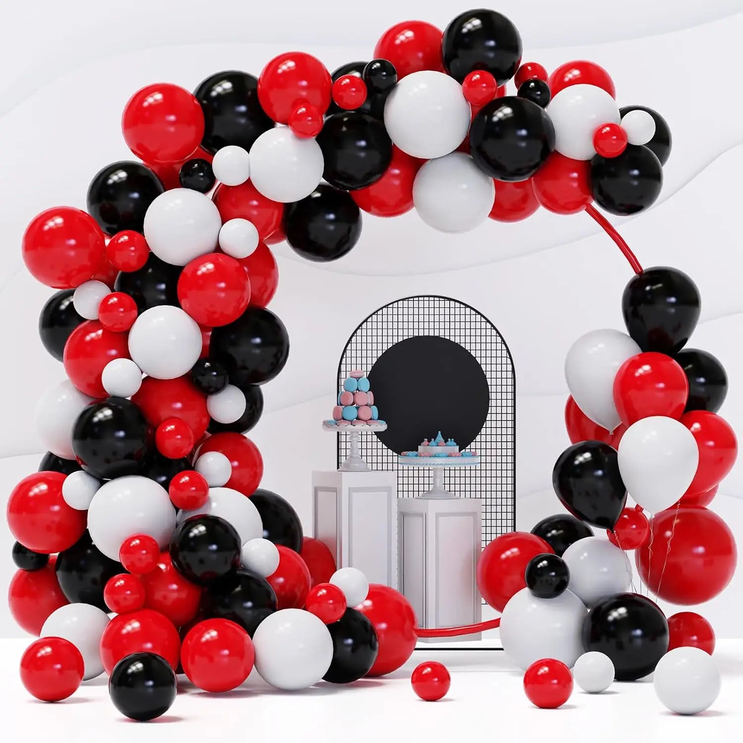 Un kit de arco de globos rojo vibrante, negro y blanco con 98 globos de látex brillantes de tamaños variados.