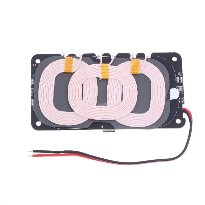 black rectangular 20w wireless charger module for car and home showing back side with three pink coiled coils yellow tape securing wires and red and black wiring extending from its side