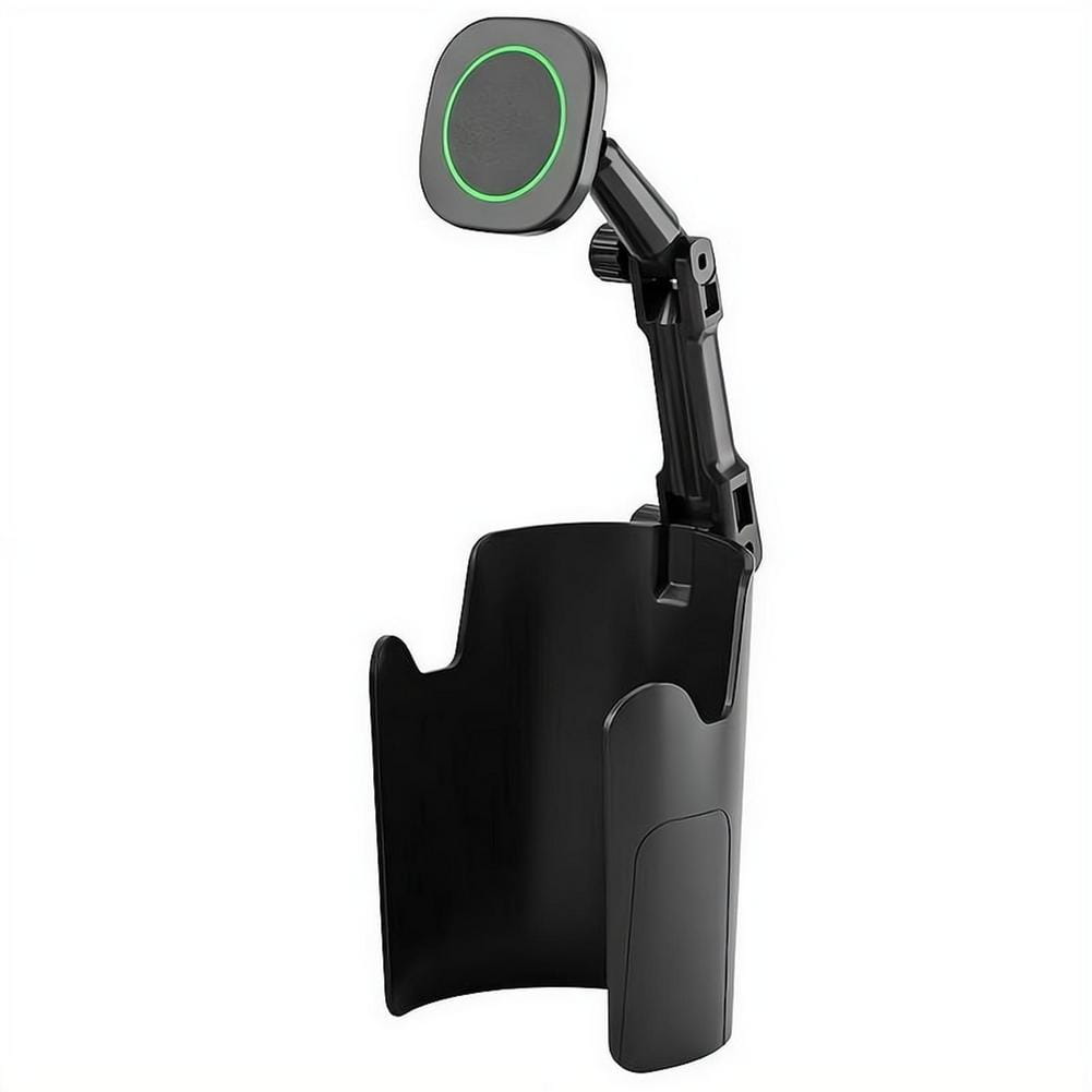 Support de téléphone pour porte-gobelet magnétique noir avec bras réglable et surface de recharge circulaire émettant une lueur verte, doté d’un aimant puissant.