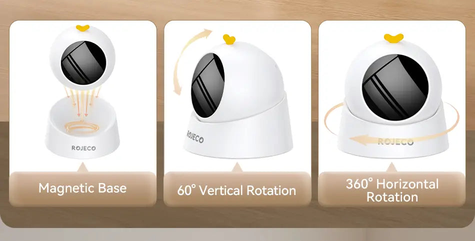 white spherical rojeco security camera with black lens and yellow heart-shaped accent on top shown as an interactive laser cat toy representing toys type