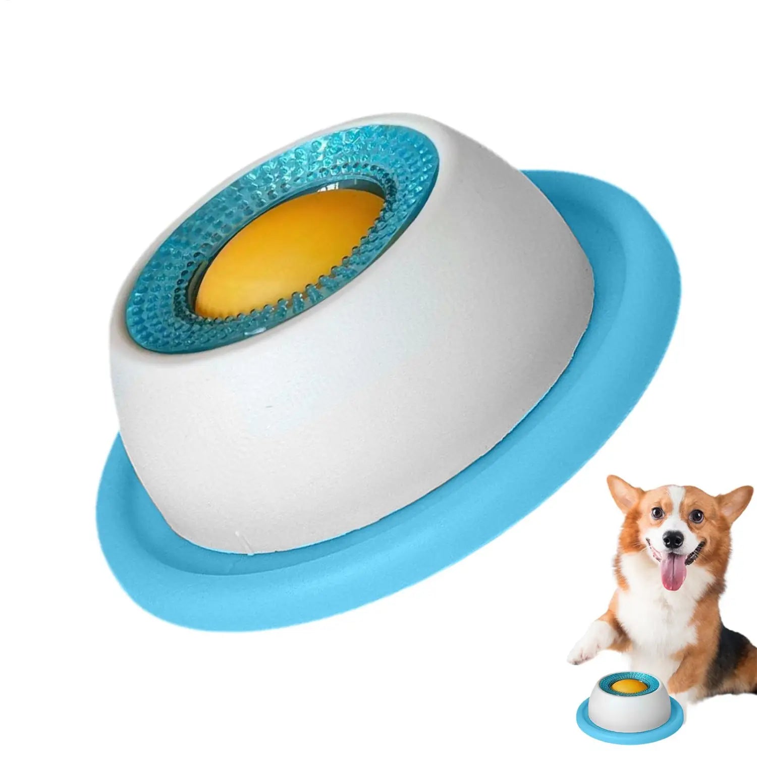 Blue and white dog licking toy with a textured gel-like center designed as a pet dental cleaning device and slow feeder puzzle for puppies.