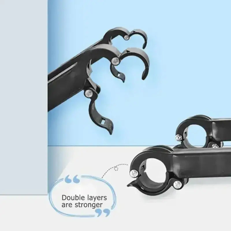Schwarze, doppelschichtige Fahrradlenkerhalterung mit Metall-Schrauben für ein Kinderwagen-Fahrbrett mit abnehmbarem Sitz und Plattform.