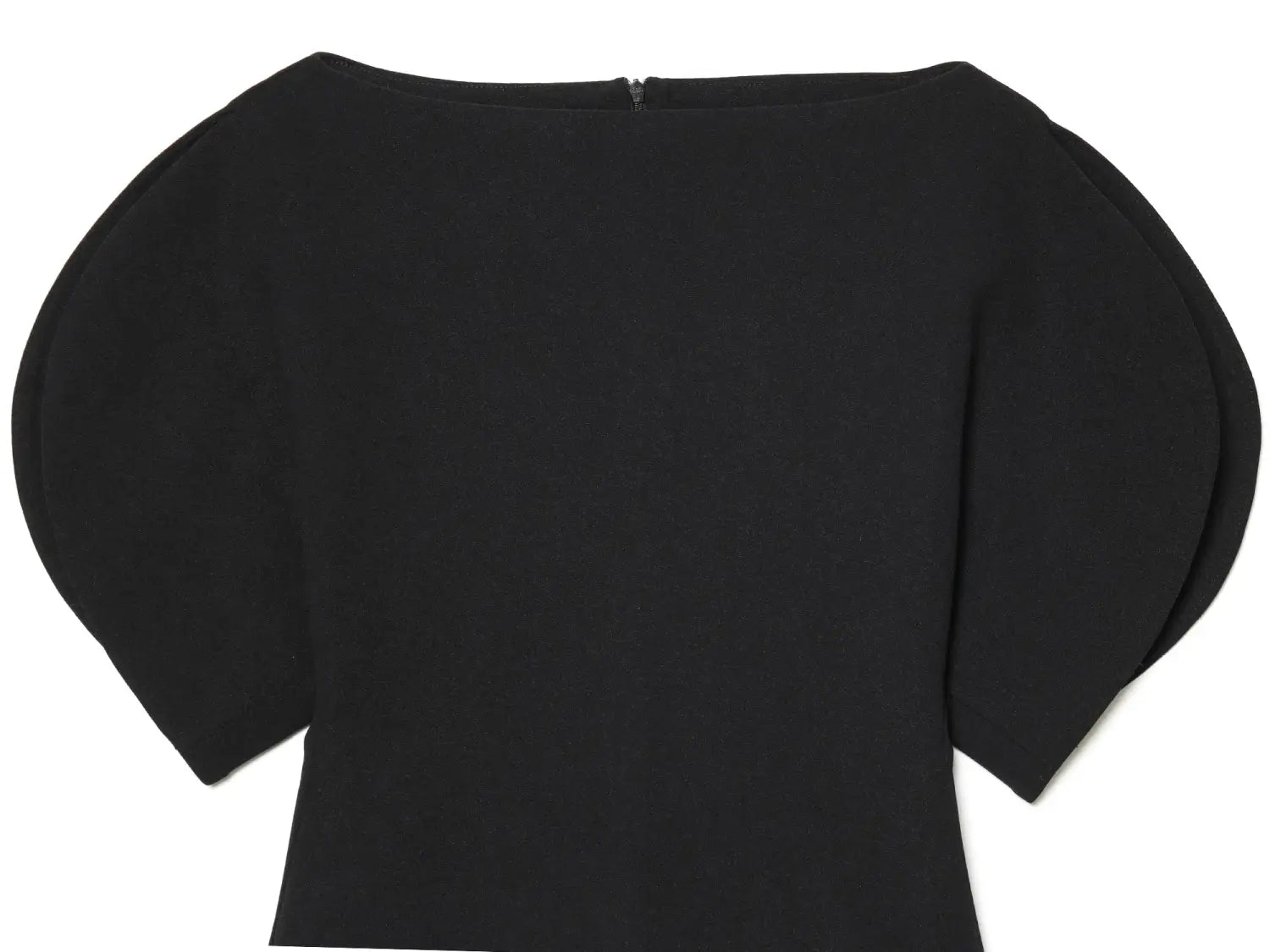 Black top with puff sleeve style and central zipper at the neckline suitable as a casual loose summer top