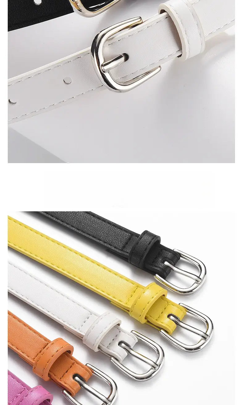 Ceinture fine en cuir blanc avec boucle à tons argentés provenant de l’ensemble de ceintures fines en cuir pour femmes polyvalent.