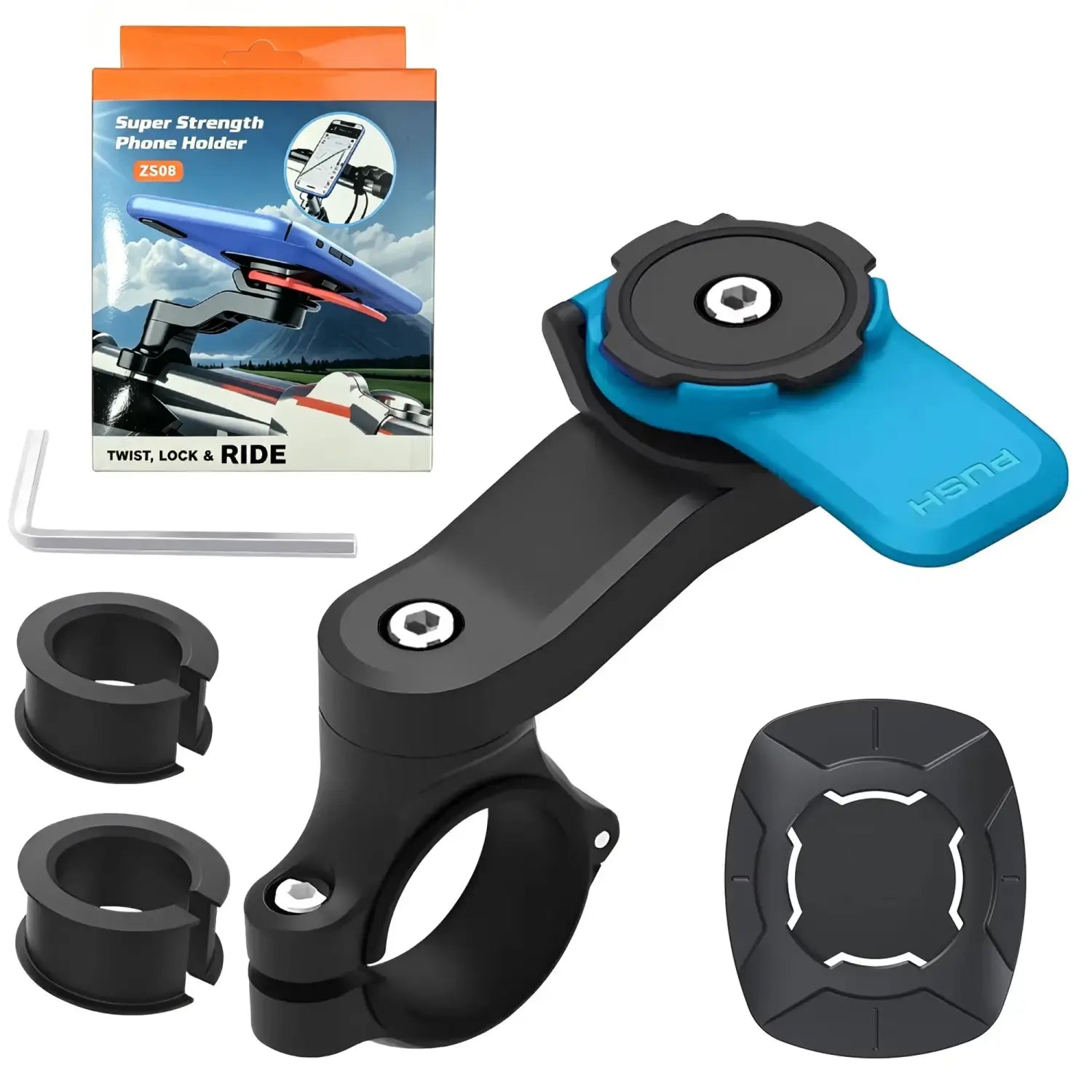 Soporte para teléfono de motocicleta azul y negro, con abrazadera ajustable y mecanismo de liberación rápida, para teléfonos inteligentes de 4,7 a 7,2 pulgadas en el manillar de la bicicleta.