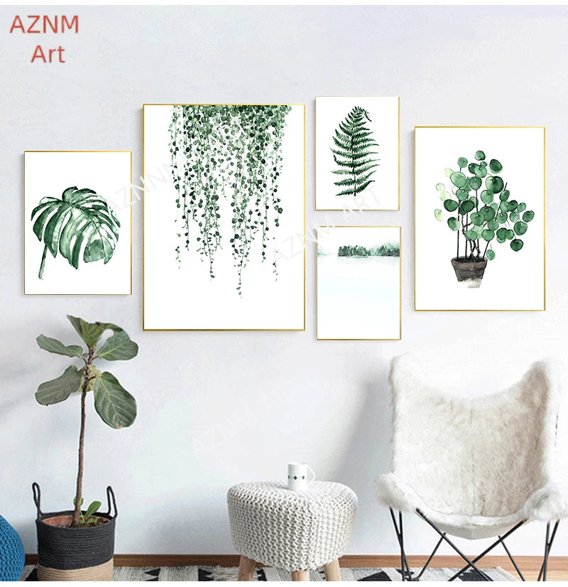 Wall Art Paintings for Living Room Home Decor Scandinavian Style Tropical Plants Poster Green Leaves Decorative Picture Modern