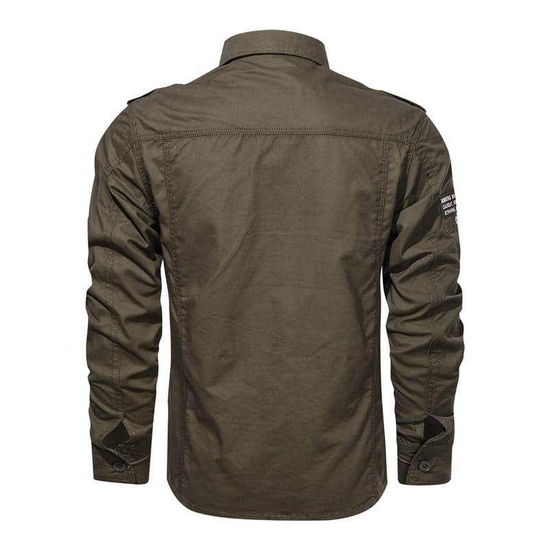 Men cotton casual long sleeve military cargo shirt in olive green with a collar and subtle patch detailing on the sleeve.