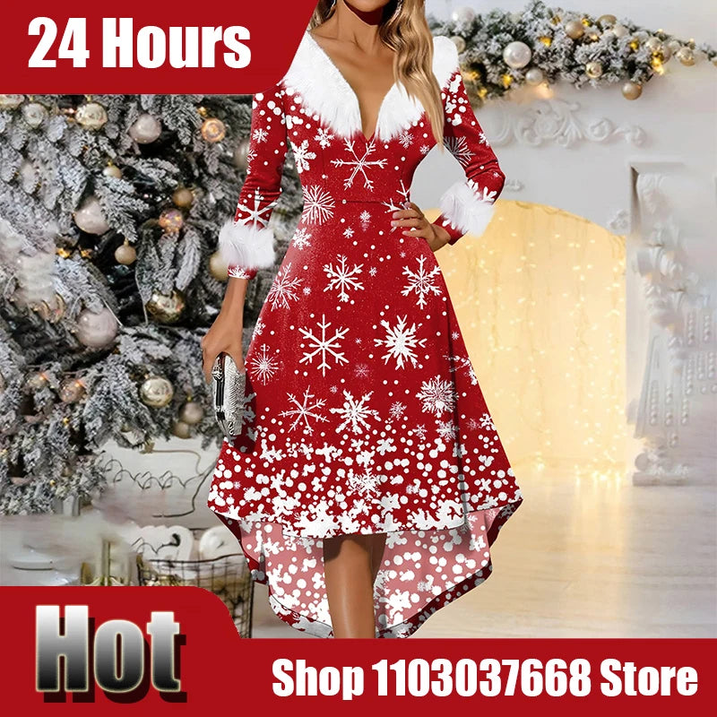 Women Winter Furry Plush Party Dress Female Long Sleeve Irregular A -line Dress Vestidos Fashion Spliced Christmas Dress Navidad