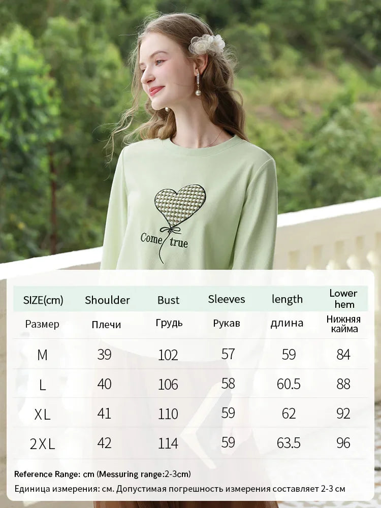 I BELIEVE YOU Hoodies for Women 2024 Autumn Green Waffle Embroidery Loose O Neck New Exquisite Fashion Soft Pullovers CWY245471A