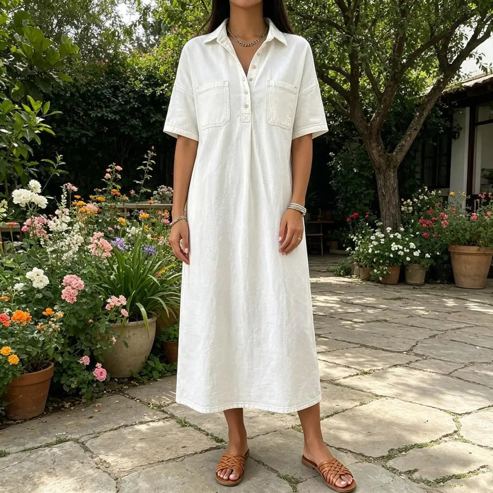 Women's Vintage Denim Shirt Dress Casual Short Sleeve Button Up Jean A-Line Long Dress with Pockets Commuting Style Midi Dress