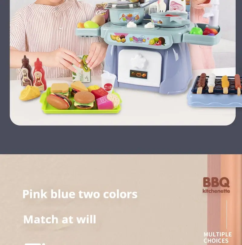 Hellblaues Kunststoff-Kinder-Küchenspielset mit Licht- und Soundeffekten mit farbenfrohem Lebensmittelzubehör und einer weißen Ofentür.
