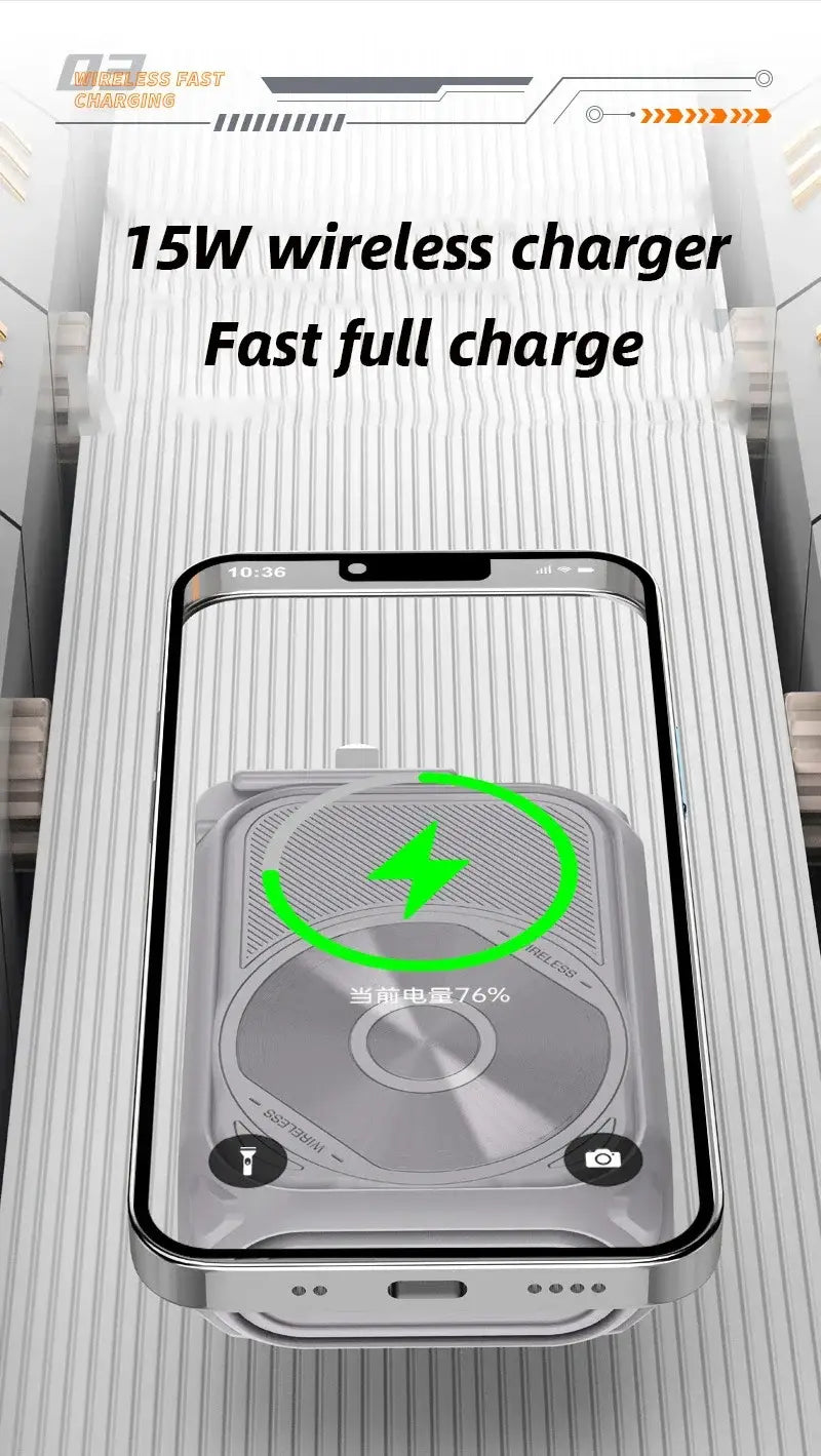 silver metallic 15w wireless charger with a sleek circular design and subtle textured surface featured in the magnetic power bank 20000mah fast wireless charger highlighting the power bank feature and battery feature