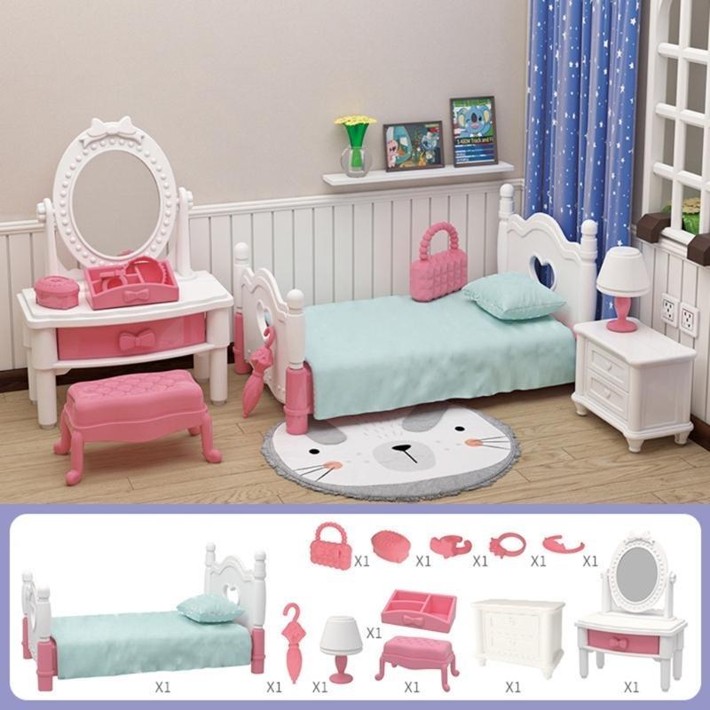 Miniatur-Puppenhausmöbel-Set für den Maßstab 1:12 mit einem rosa-weißen Kunststoff-Schlafzimmer-Set mit Bett, Waschtisch, Nachttisch, Hocker und Accessoires.