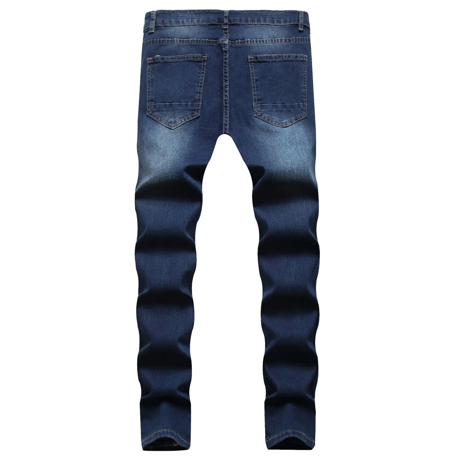 Männer rissen schmale Jeans, von der Rückseite gezeigt, mit dunklem blauem Slim-Fit-Denim, ausgewaschenem Effekt und klassischen Gesäßtaschen.