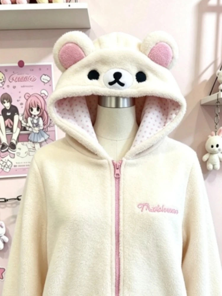 Japanese Sweet Kawaii Hoodies Jackets Women Bear Ear Hooded Zipper Sweatshirts Autumn Winter Fashion Casual Cute Hoodie Tops