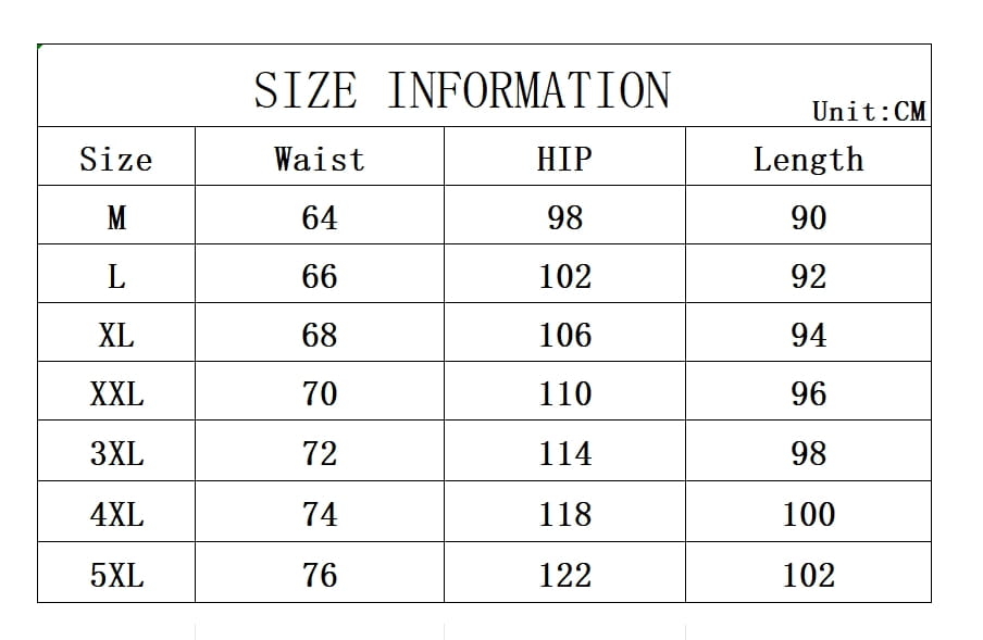 Tabla de información de tallas para joggers casuales ajustados para hombre, con medidas en centímetros en tallas de m a 5xl.