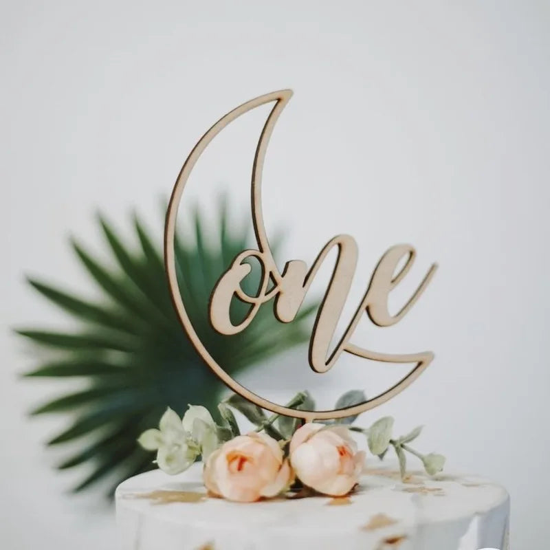 One Year Old Happy Birthday Cake Topper Flower Plant Wooden Baby Cake Topper For Kids Birthday Party Cake Decoration Baby Shower