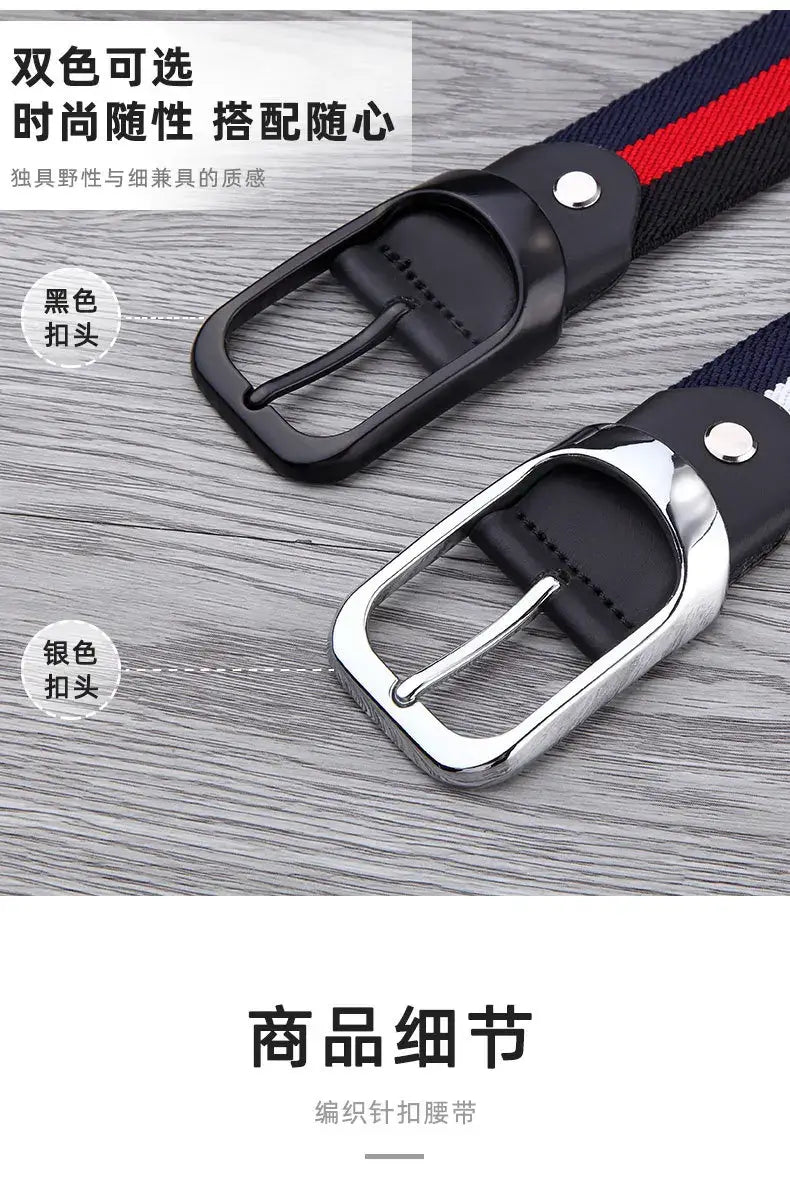 canvas web stripe belt for men with black and silver metal buckles and woven fabric straps featuring red blue and black stripes for casual waistband use