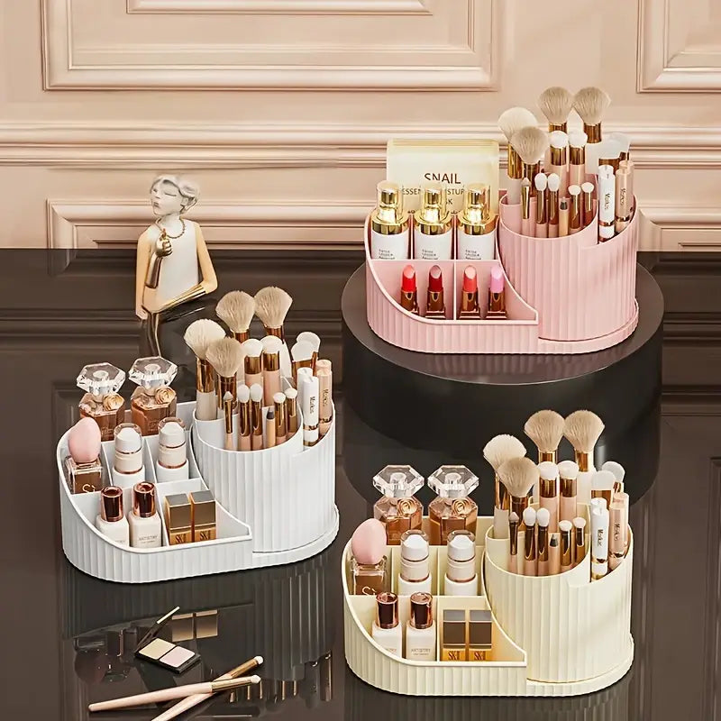 Organisateur de maquillage rotatif en plastique côtelé rose et blanc, avec de grands compartiments pour les pinceaux, les rouges à lèvres et les flacons de parfum