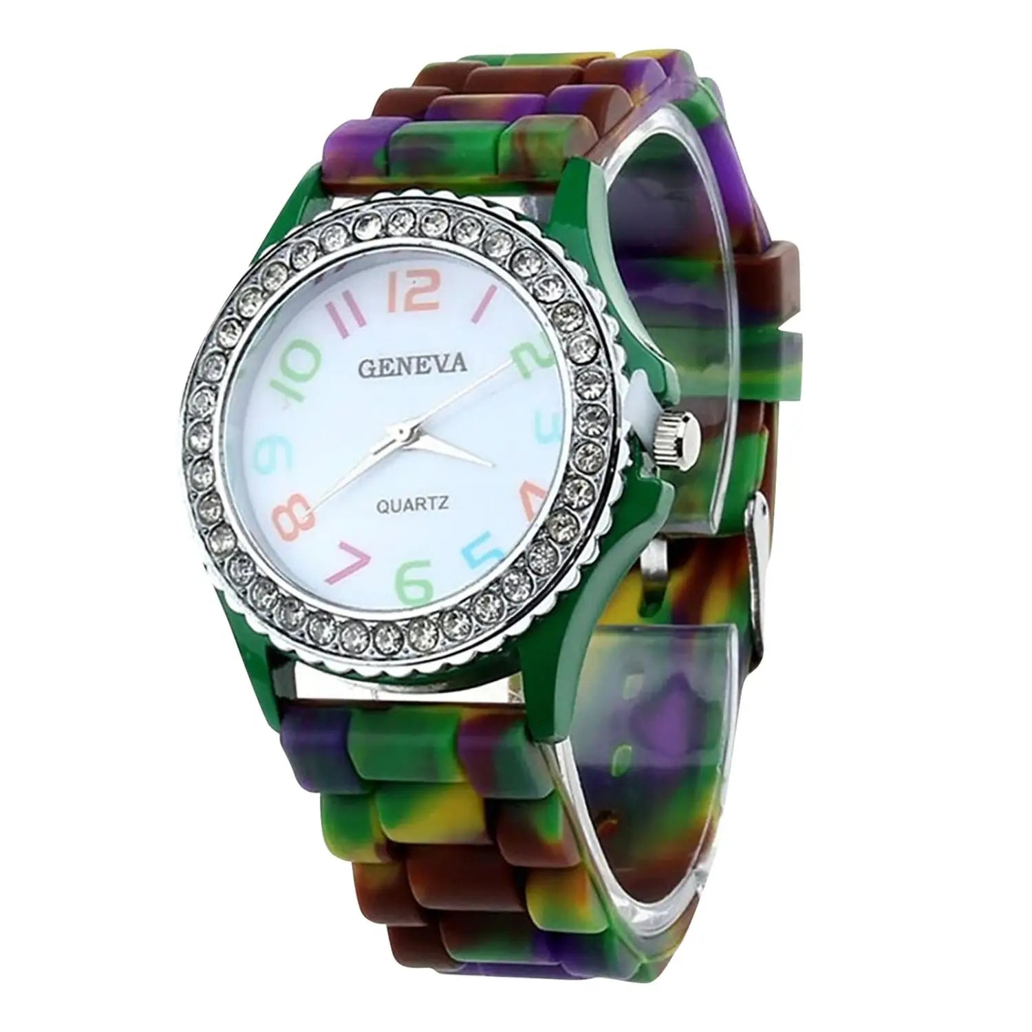 Girls crystal bling rainbow silicone watch featuring a colorful multicolored silicone band, white face, and crystal-encrusted bezel.