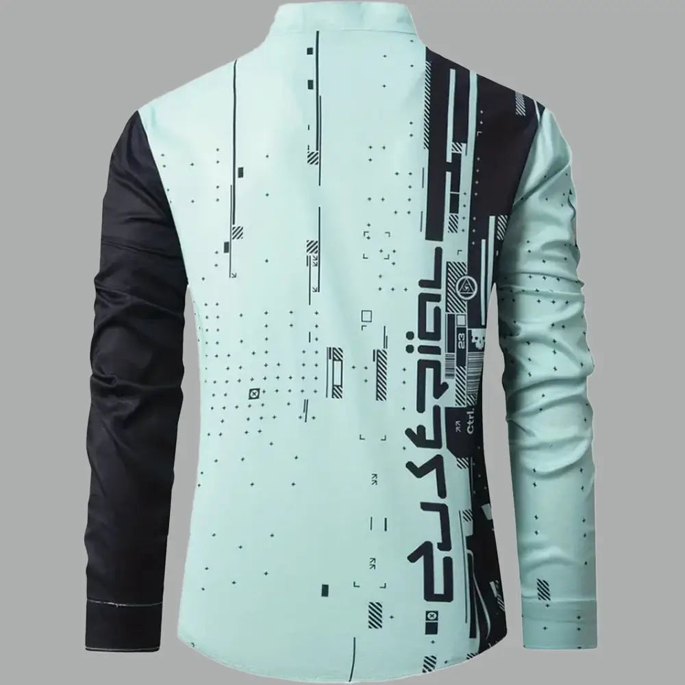 A men’s graphic button up long sleeve shirt with a light mint green body featuring black digital-style graphics and text and solid black sleeves.