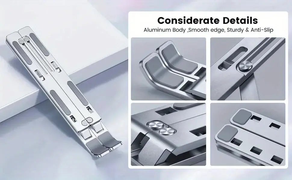 Silberner Aluminium-Laptopständer aus Aluminiumlegierung mit glatten Kanten und rutschfesten Pads, ausgelegt für eine ergonomische und klappbare Nutzung.