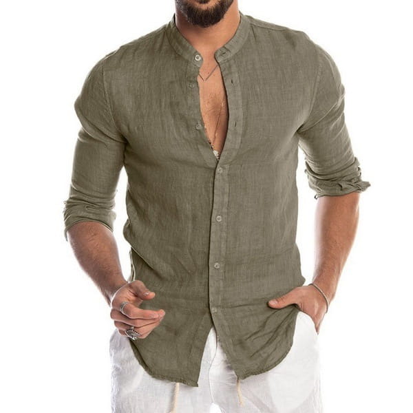 men long sleeve linen mandarin collar casual shirt in olive green with button-down front and rolled sleeves