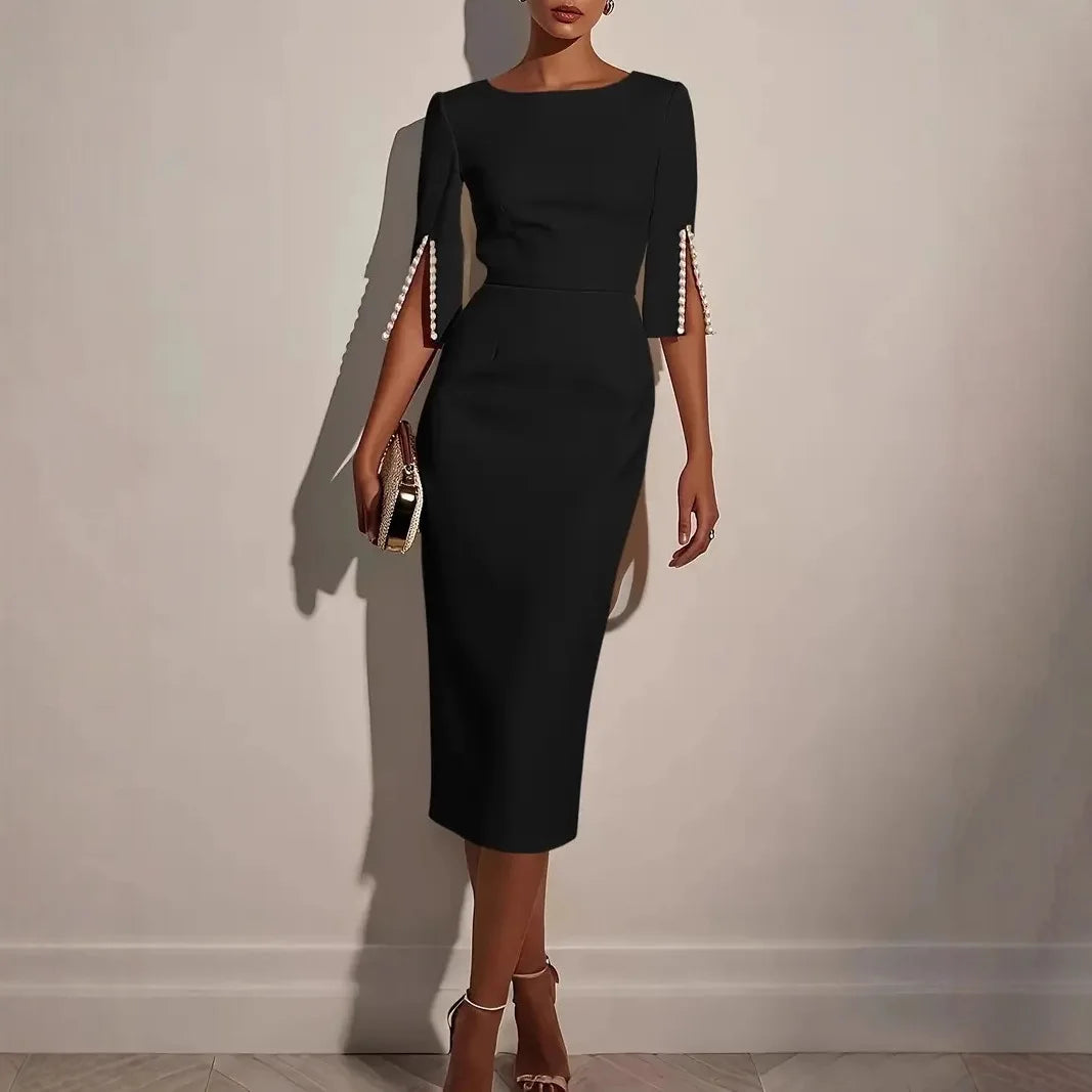 2025 Dress for Women Fashion Comfortable Office Solid Color Commuter Bead Slim and Elegant Evening Party Dress