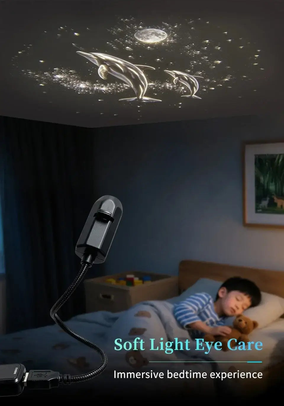 veilleuse projecteur de galaxie ciel étoilé USB noire et ajustable, au design de col de cygne flexible, projetant des motifs de dauphin étoilé et de lune sur le plafond.