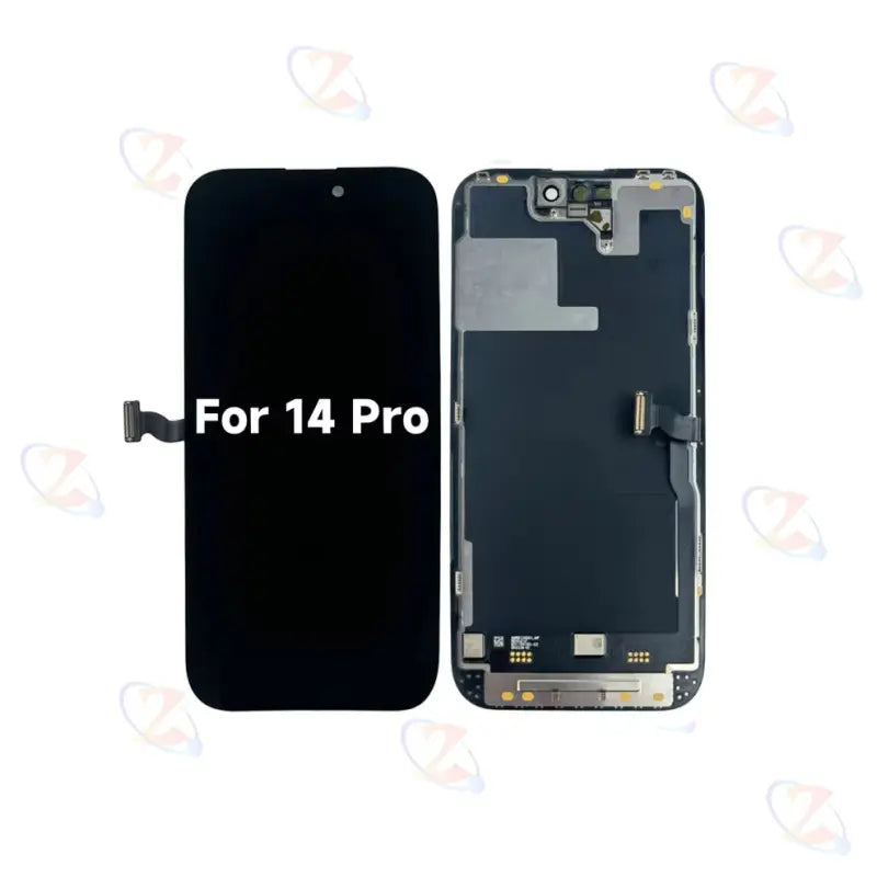 Schwarze Touchscreen-LCD-Bildschirm-Baugruppe für iPhone 14 Pro Max, mit vorderer Anzeige und Rückseite mit sichtbaren Anschlüssen, kompatibler Marken-Ersatzteil.