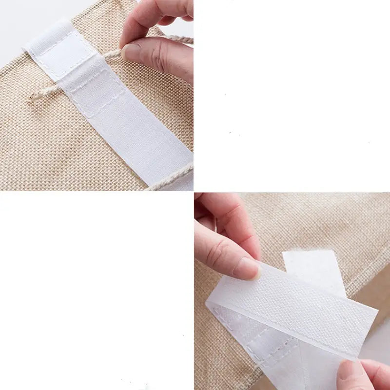 weiße Klettverschluss-Klebestreifen (Klettband) zur Befestigung am Stoff in dem Mehrtaschen-Aufbewahrungstaschen-Set für das Schlafzimmerbett