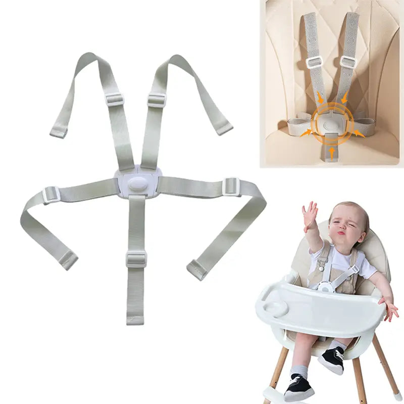 Grauer Universal-5-Punkte-Babygurt zur Sicherheit, mit verstellbaren Trägern und weißen Kunststoffschnallen, ausgelegt für eine sichere Kindersicherung.