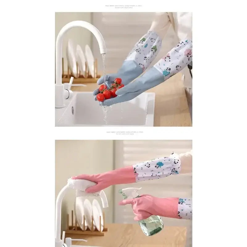 Light blue and white panda-patterned waterproof kitchen gloves made of rubber with elastic cuffs for cleaning.