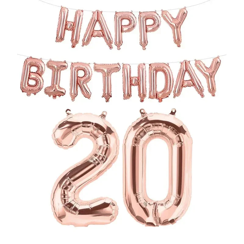 Ensemble de ballons en feuille or rose comprenant une banderole « Joyeux anniversaire » et le numéro 20 pour les célébrations d’anniversaire.
