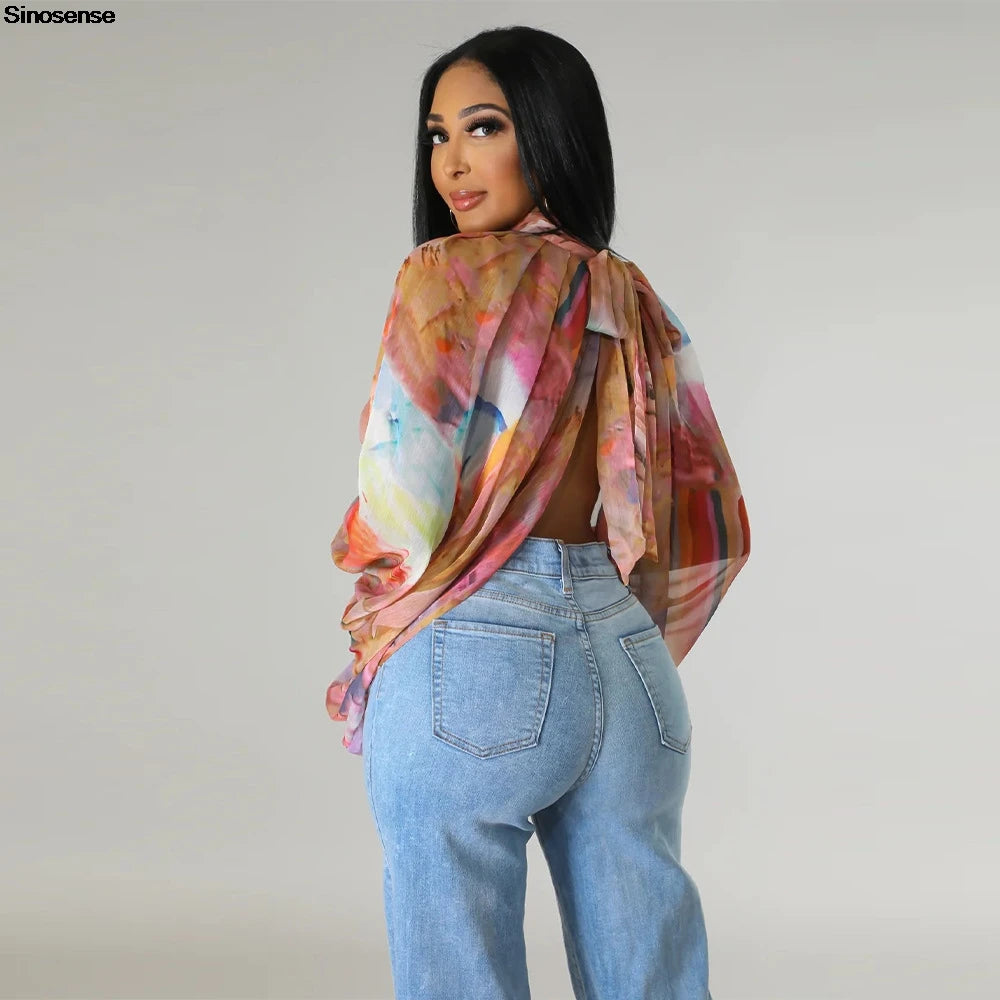 Women Chiffon Blouses Sexy Sheer See Through Front Back Open High Neck Self Tie Shawl Casual Shirts Y2K Night Club Party Tops