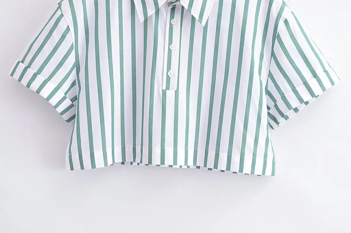 A short-sleeved cropped blouse with vertical green and white stripes designed as a casual summer top.