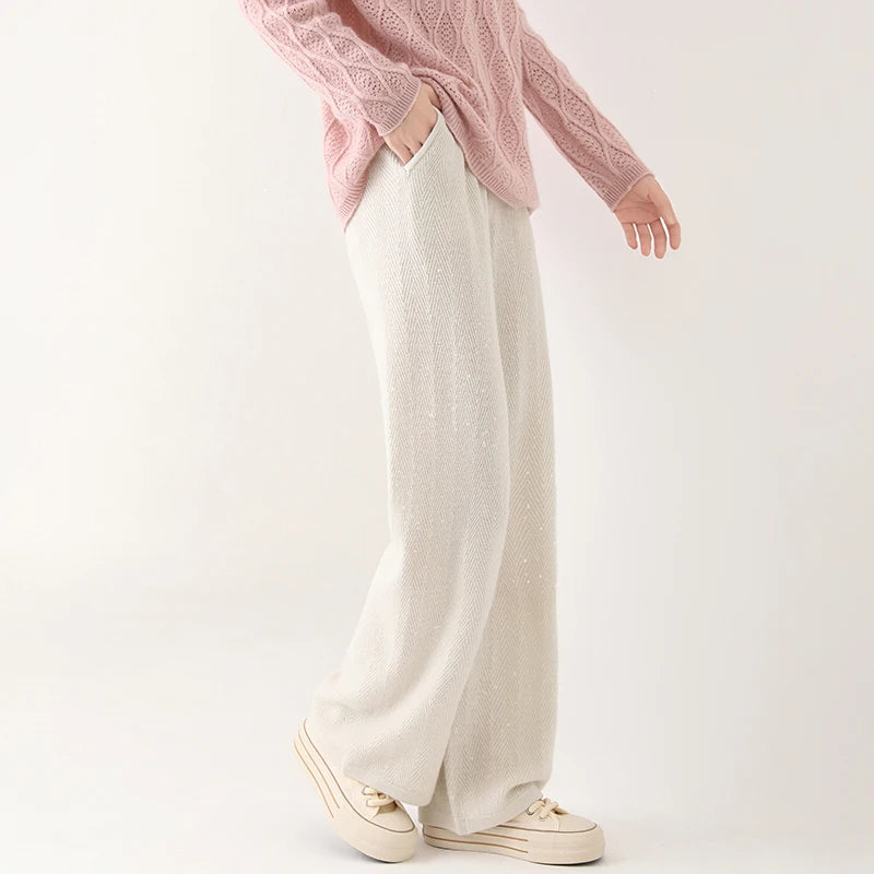 Women Wide-Leg Pants 100% Merino Wool Trousers New Collection High Quality Autumn Winter Soft Thick Female Pants