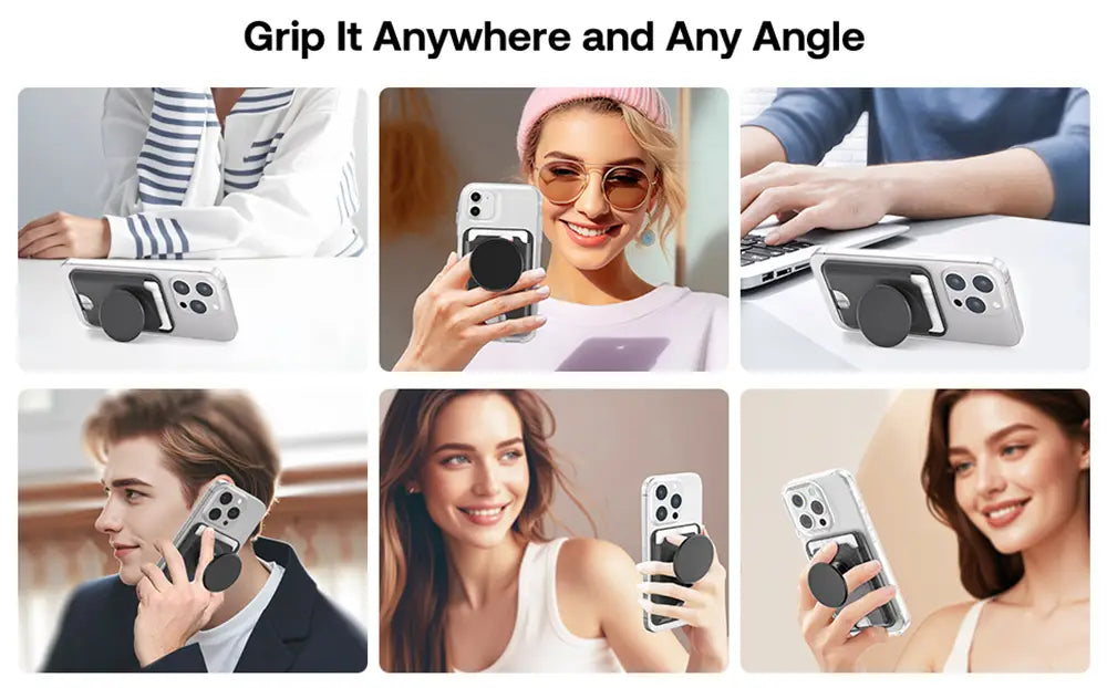 Schwarzer kreisförmiger Leder-Telefonhalter mit magnetischem Kartenhalter-Anbau, ausgelegt, um Smartphones sicher in verschiedenen Positionen zu halten, zeigt die Rückseite des Produkts.