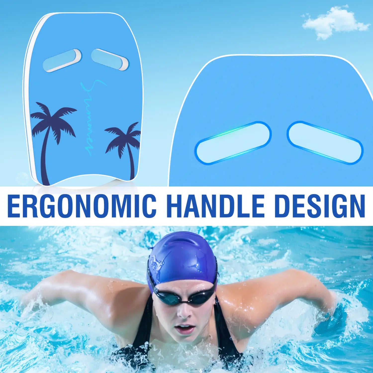 Blaues Erwachsenen-Schwimm-Kickboard aus EVA-Schaum mit Palmenmotiv und ergonomischem Griff für Training und Auftrieb.