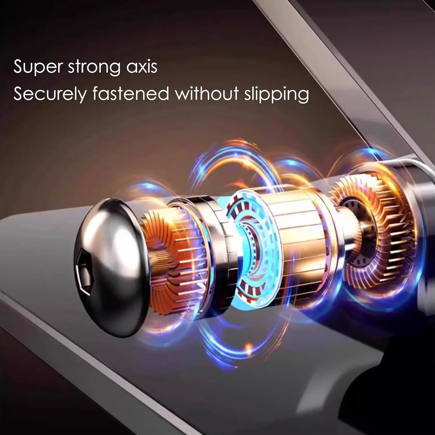 Motor metálico brillante con componentes internos iluminados en azul y naranja en un soporte para tableta, soporte metálico giratorio de 360° para iPad Pro.