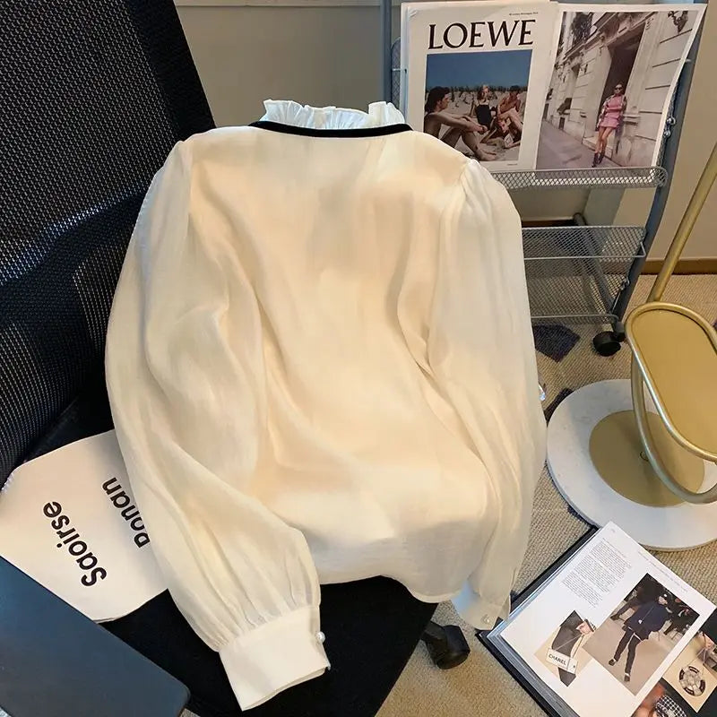 French Chic Design Shirts Lace Bow Tie Women Blouses High-end Spring Autumn Long Sleeve Tops Single-breasted Office Lady Shirt