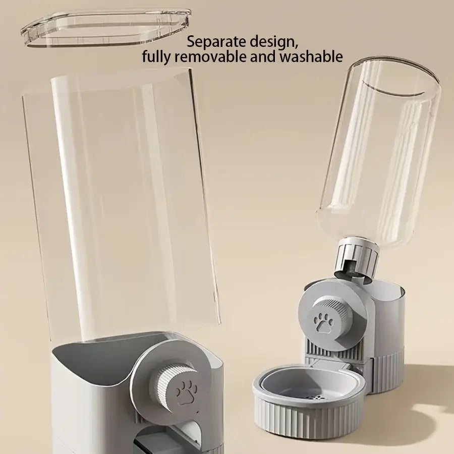 distributeur automatique pour animal de compagnie gris, avec récipient transparent, amovible et lavable, conçu pour un nourrissage pratique.